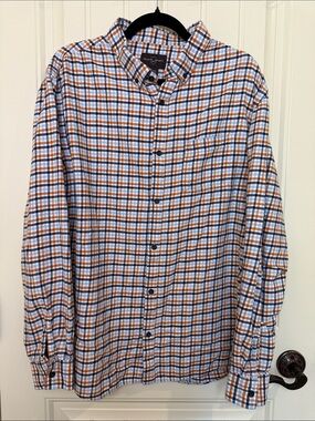 Black Brown 1826 Plaid Button Down Shirt Men's 3XL Orange Blue White 100% Cotton